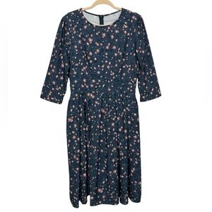 Floral-Print Navy Midi Dress with Pink Accents